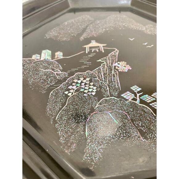 Maruni Lacquerware Mother of Pearl Inlay Occupied Japan Metal Plates Set - Picture 5 of 12